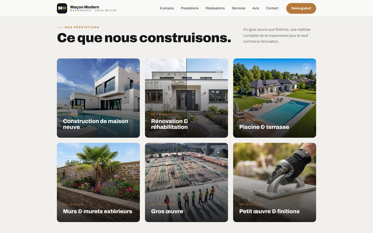 Page services du site d'un maçon créé par MLD