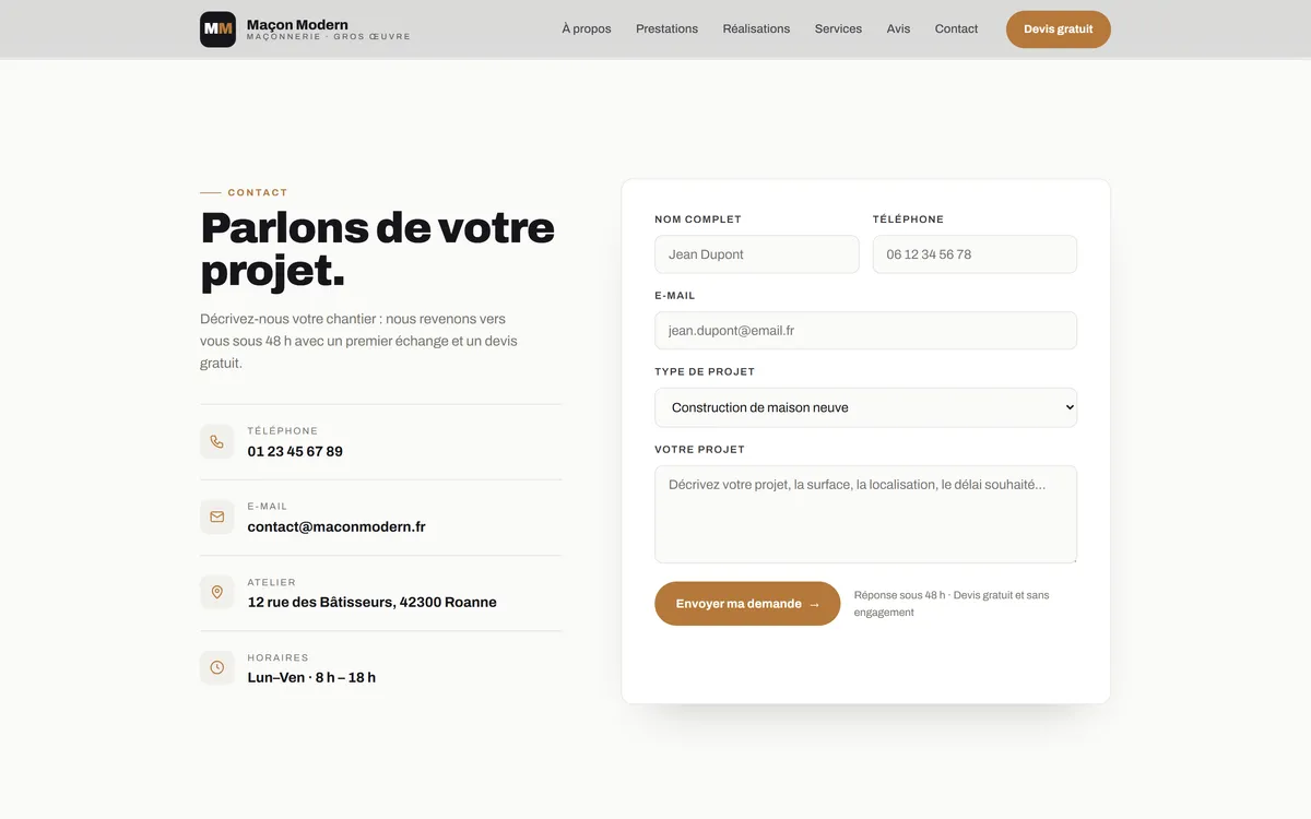 Page contact du site d'un maçon créé par MLD